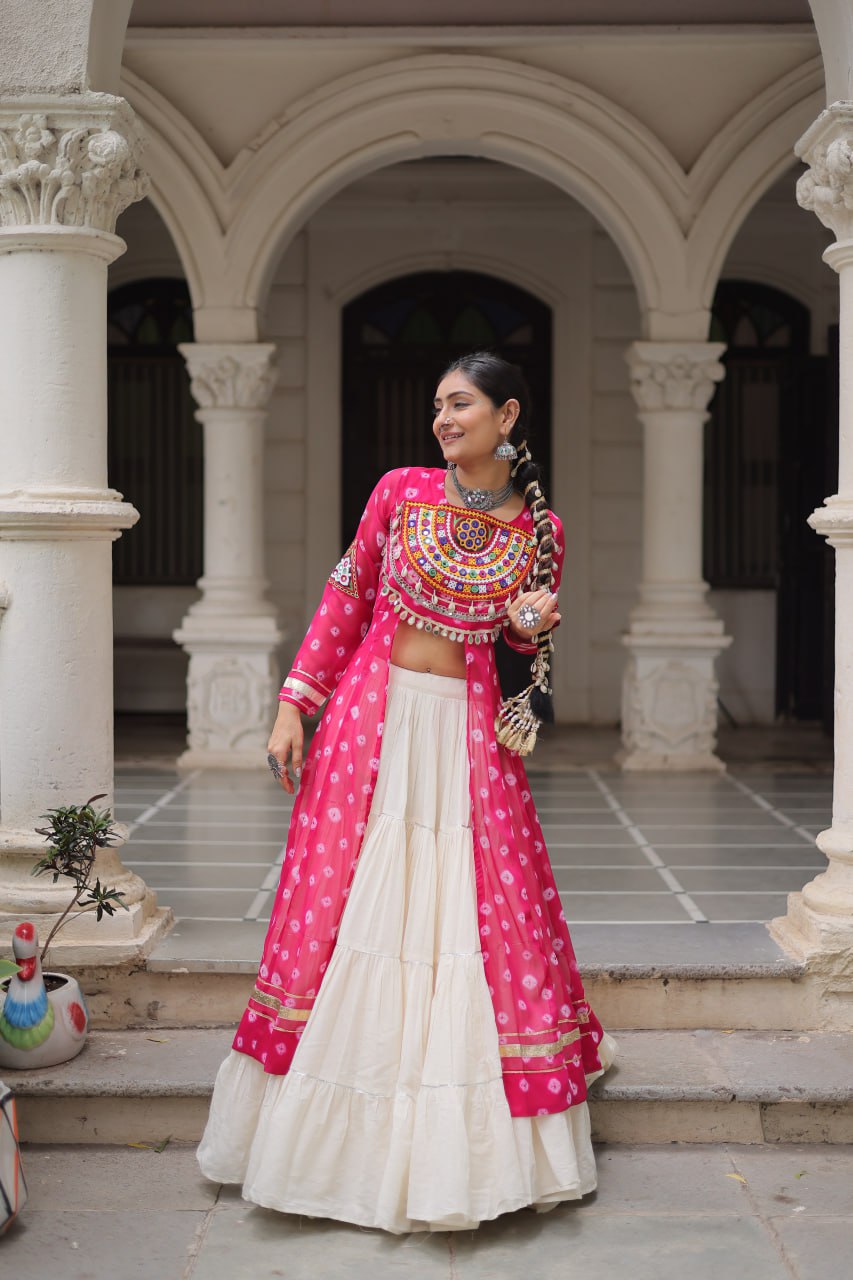 KORA COTTON STYLISH FRILL STITCHING BEAUTIFUL NAVRATRI LEHENGA WITH BANDHANI PRINTED KURTI