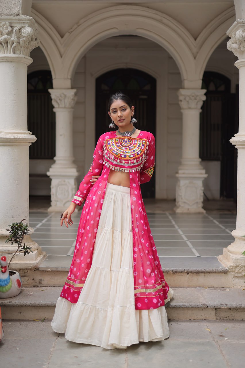 KORA COTTON STYLISH FRILL STITCHING BEAUTIFUL NAVRATRI LEHENGA WITH BANDHANI PRINTED KURTI