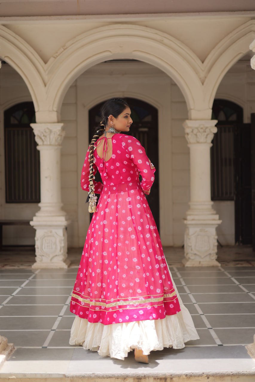 KORA COTTON STYLISH FRILL STITCHING BEAUTIFUL NAVRATRI LEHENGA WITH BANDHANI PRINTED KURTI