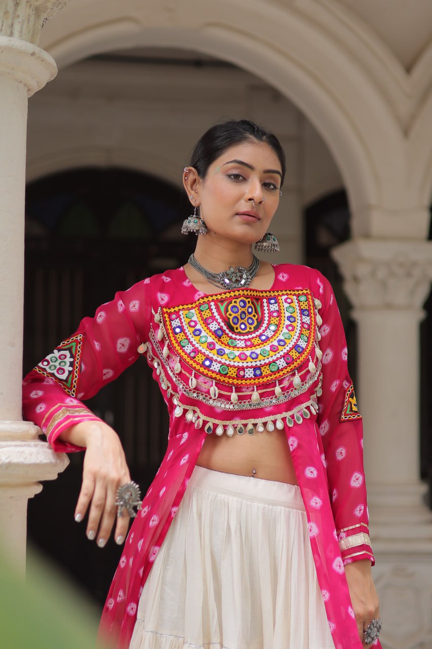 KORA COTTON STYLISH FRILL STITCHING BEAUTIFUL NAVRATRI LEHENGA WITH BANDHANI PRINTED KURTI