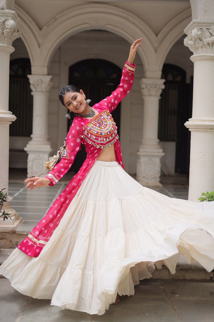 KORA COTTON STYLISH FRILL STITCHING BEAUTIFUL NAVRATRI LEHENGA WITH BANDHANI PRINTED KURTI