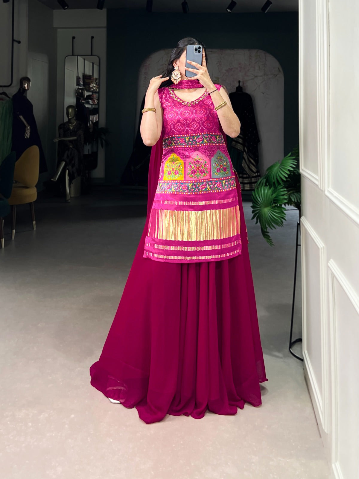 Designer Pink Color Gaji Silk Three Piece Plazzo Suit