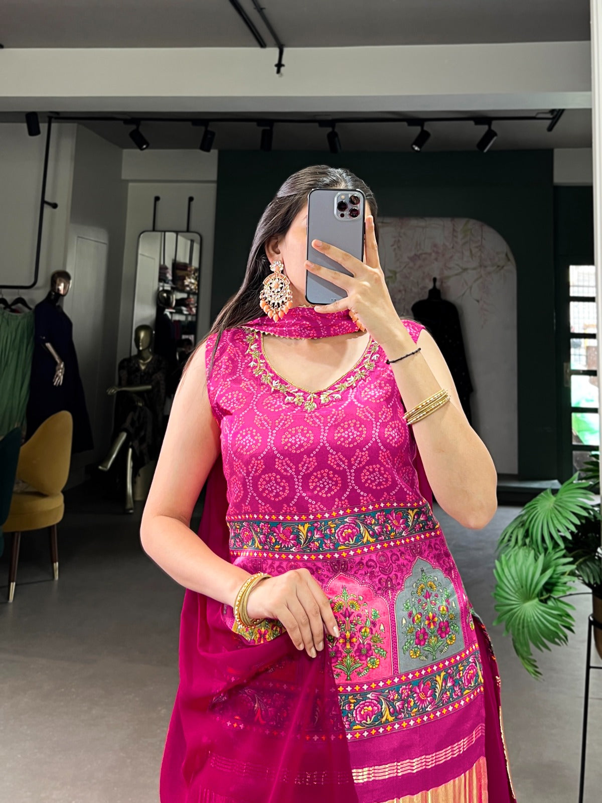 Designer Pink Color Gaji Silk Three Piece Plazzo Suit