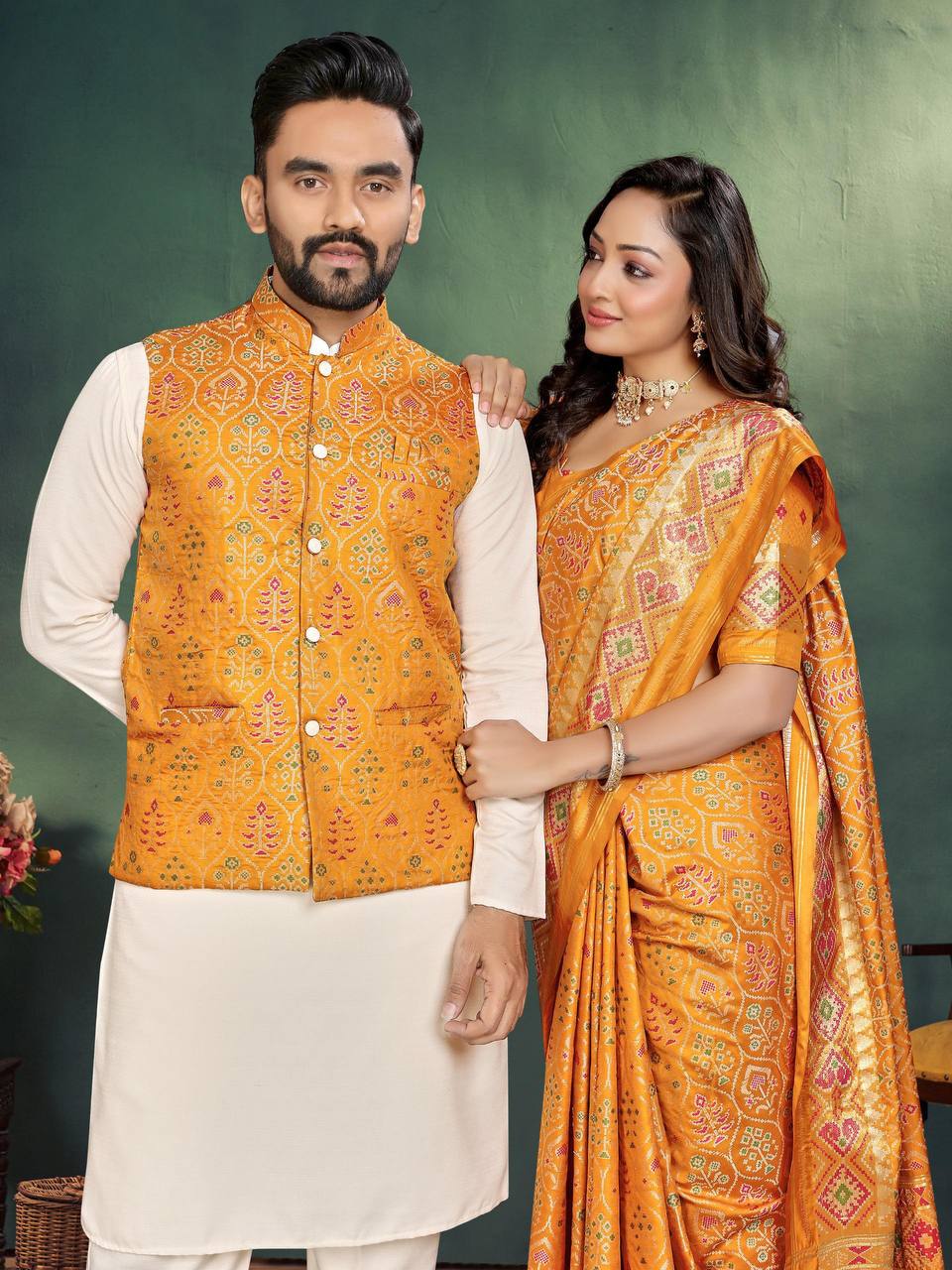 Men And Women Combo Of Saree Kurta And Jacket In Mustard Jacquard Weaving Couple Combo