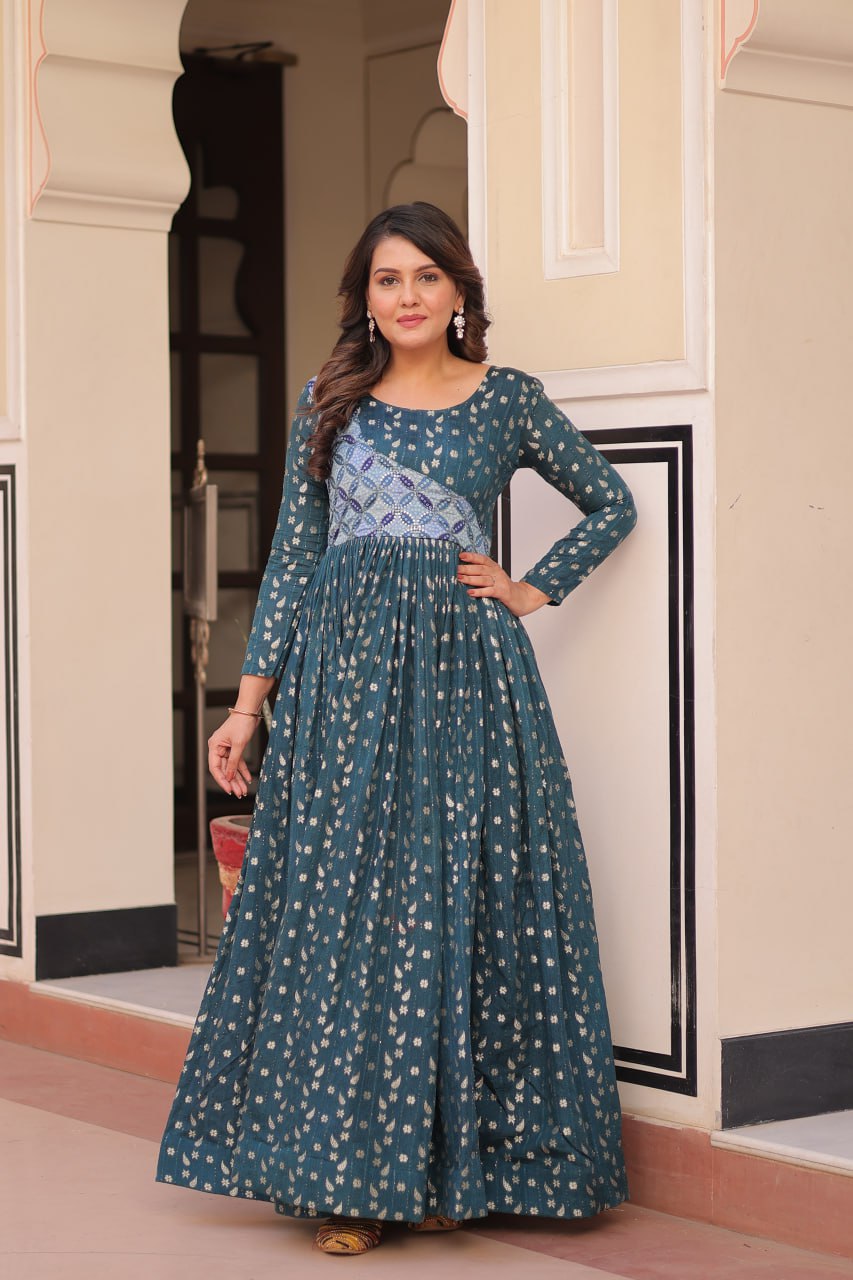 Designer Gown In Rama Jacquard With Beautiful Weaving And Position Print