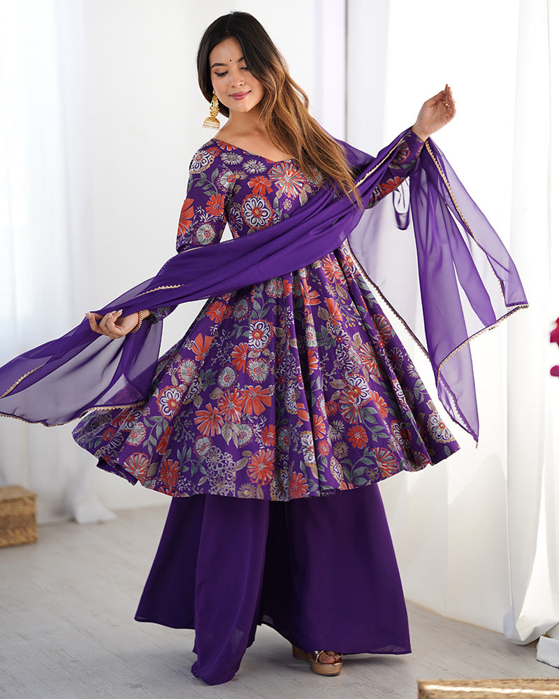 Astonishing Purple Printed Silk Festive Wear Palazzo Suit With Dupatta