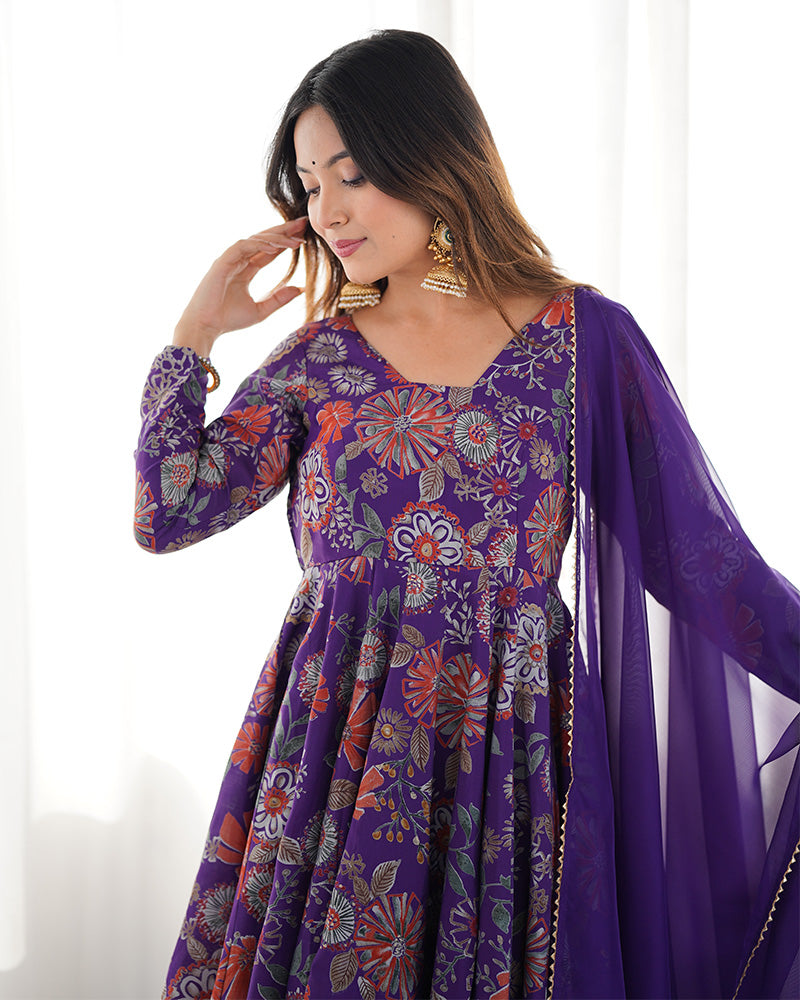 Astonishing Purple Printed Silk Festive Wear Palazzo Suit With Dupatta