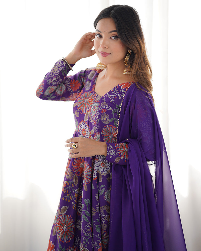 Astonishing Purple Printed Silk Festive Wear Palazzo Suit With Dupatta