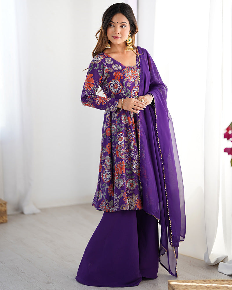 Astonishing Purple Printed Silk Festive Wear Palazzo Suit With Dupatta