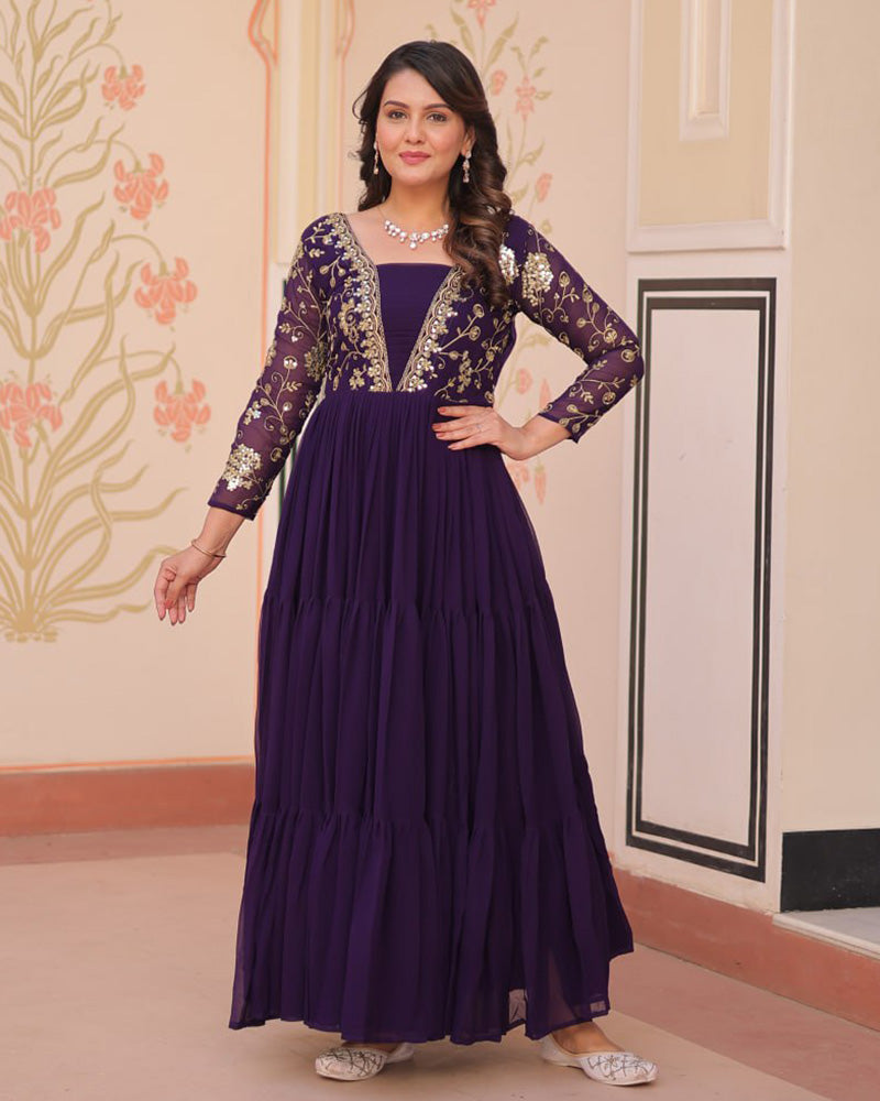 Adoring Purple Zari Embroidery Georgette Function Wear Gown