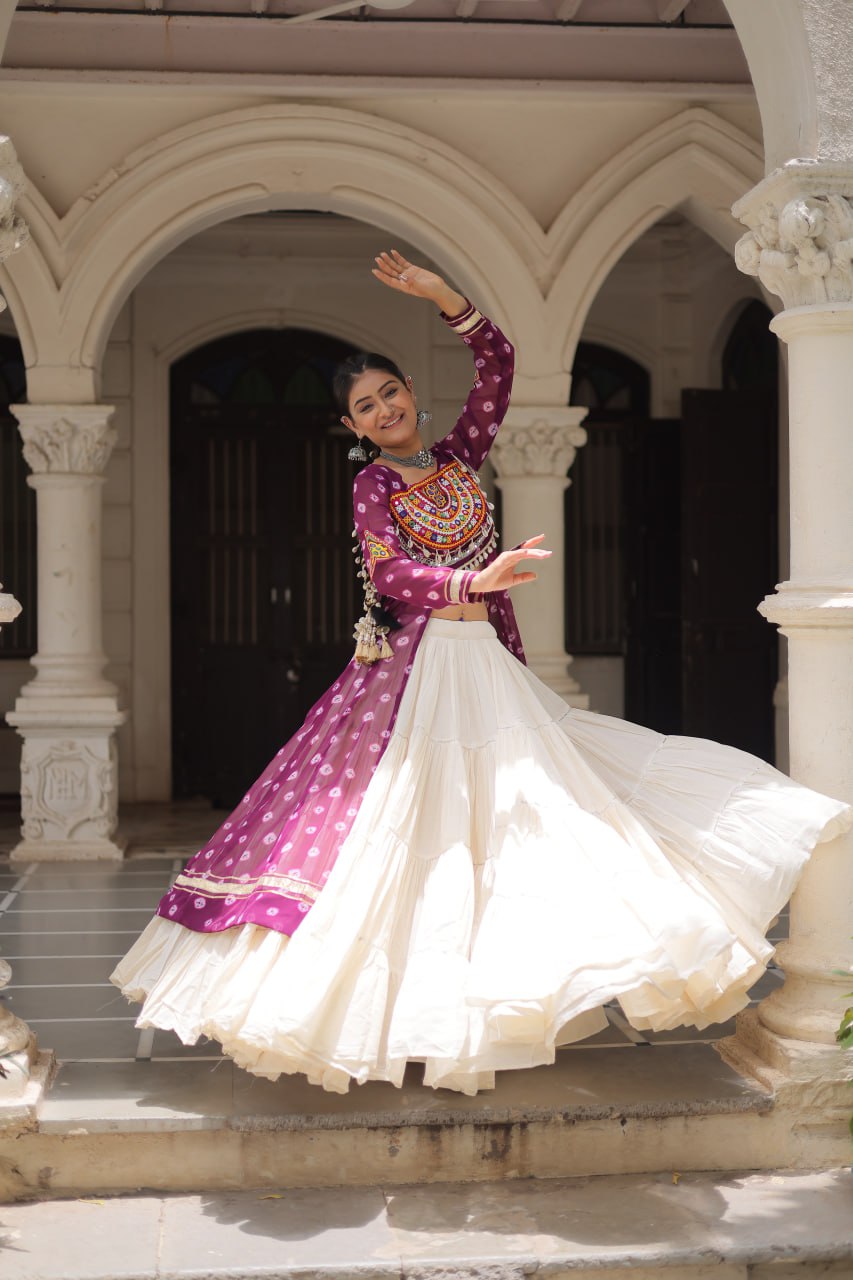 KORA COTTON STYLISH FRILL STITCHING BEAUTIFUL NAVRATRI LEHENGA WITH BANDHANI PRINTED KURTI