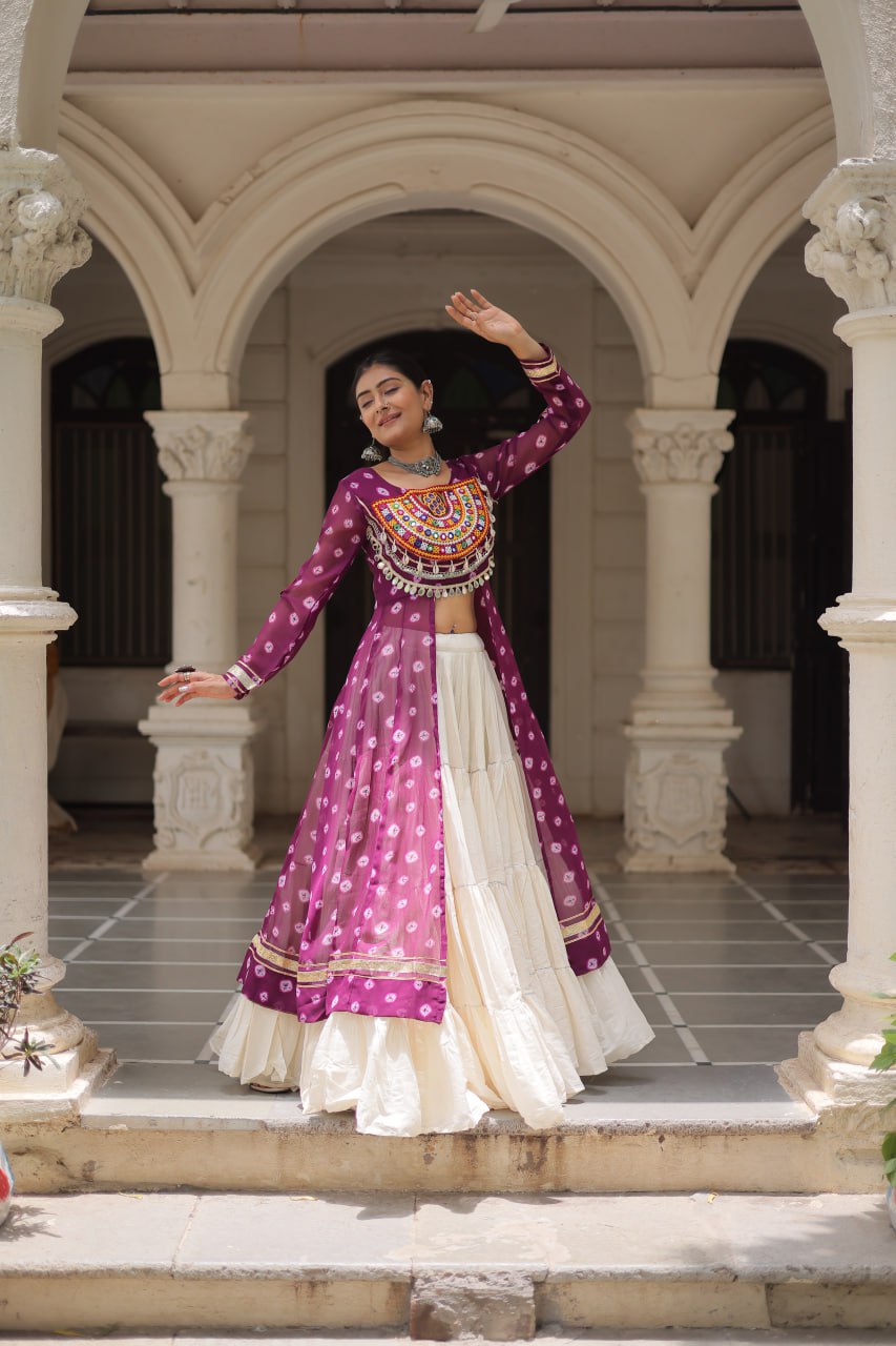 KORA COTTON STYLISH FRILL STITCHING BEAUTIFUL NAVRATRI LEHENGA WITH BANDHANI PRINTED KURTI