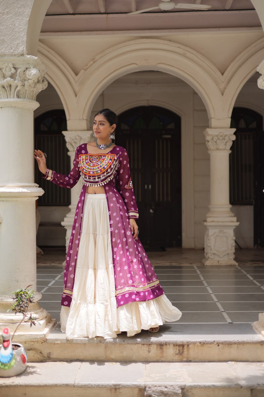 KORA COTTON STYLISH FRILL STITCHING BEAUTIFUL NAVRATRI LEHENGA WITH BANDHANI PRINTED KURTI