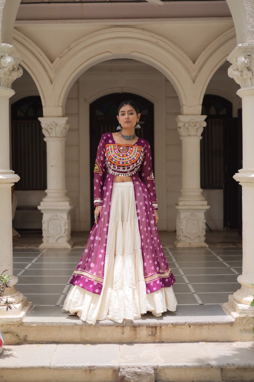 KORA COTTON STYLISH FRILL STITCHING BEAUTIFUL NAVRATRI LEHENGA WITH BANDHANI PRINTED KURTI
