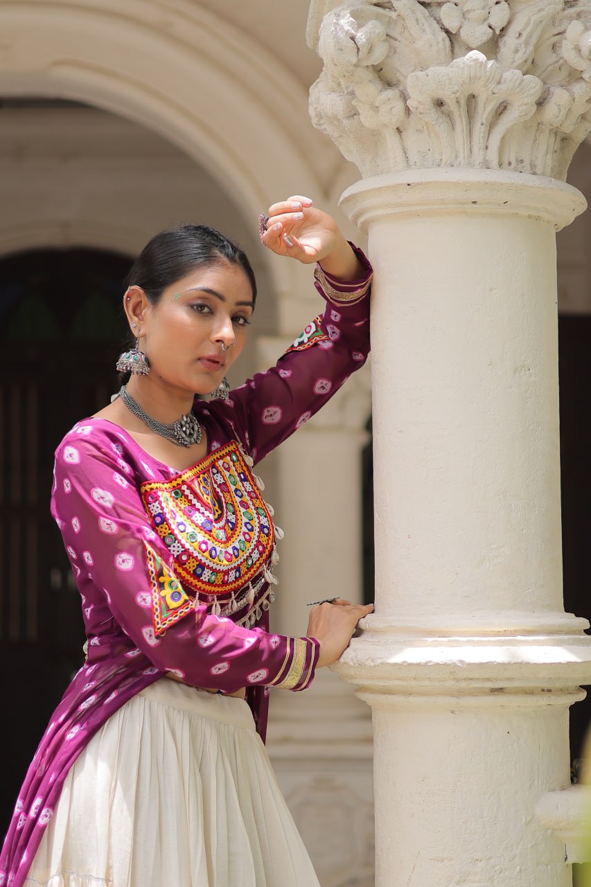 KORA COTTON STYLISH FRILL STITCHING BEAUTIFUL NAVRATRI LEHENGA WITH BANDHANI PRINTED KURTI