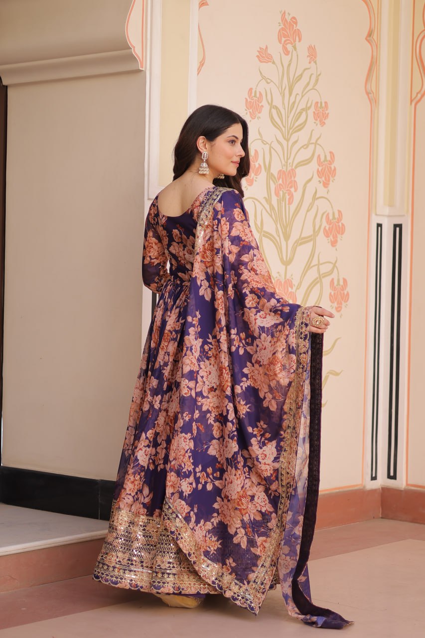 Purple Russian Silk Print Embroidered Sequins Work Gown with Dupatta