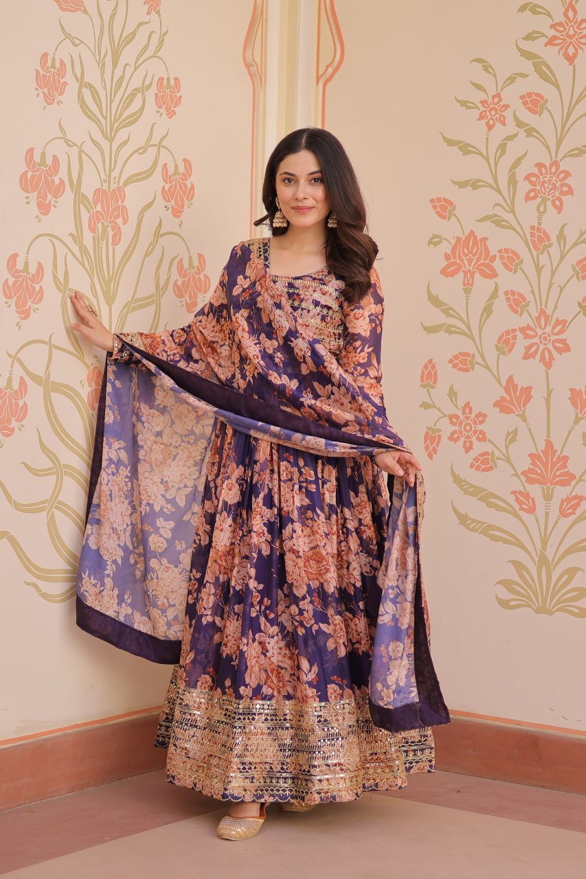 Purple Russian Silk Print Embroidered Sequins Work Gown with Dupatta