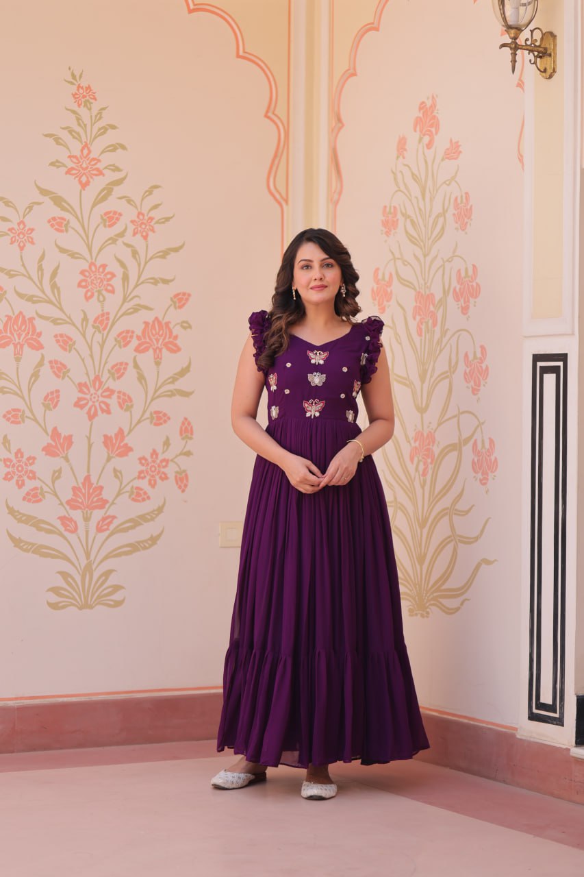 Dazzling Purple Multi Thread Embroidery Georgette Event Wear Gown