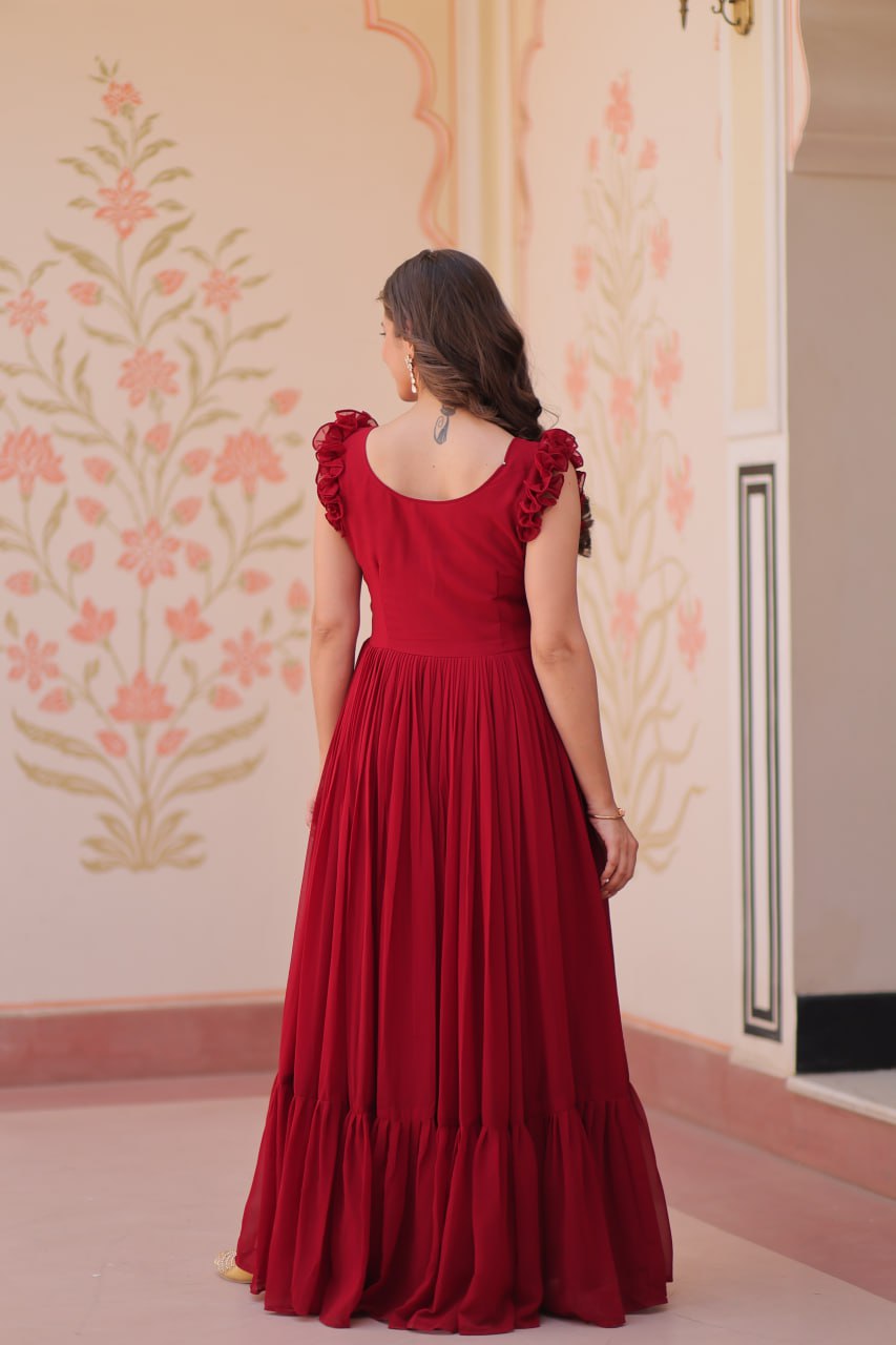 Astounding Red Multi Thread Embroidery Georgette Festive Wear Gown