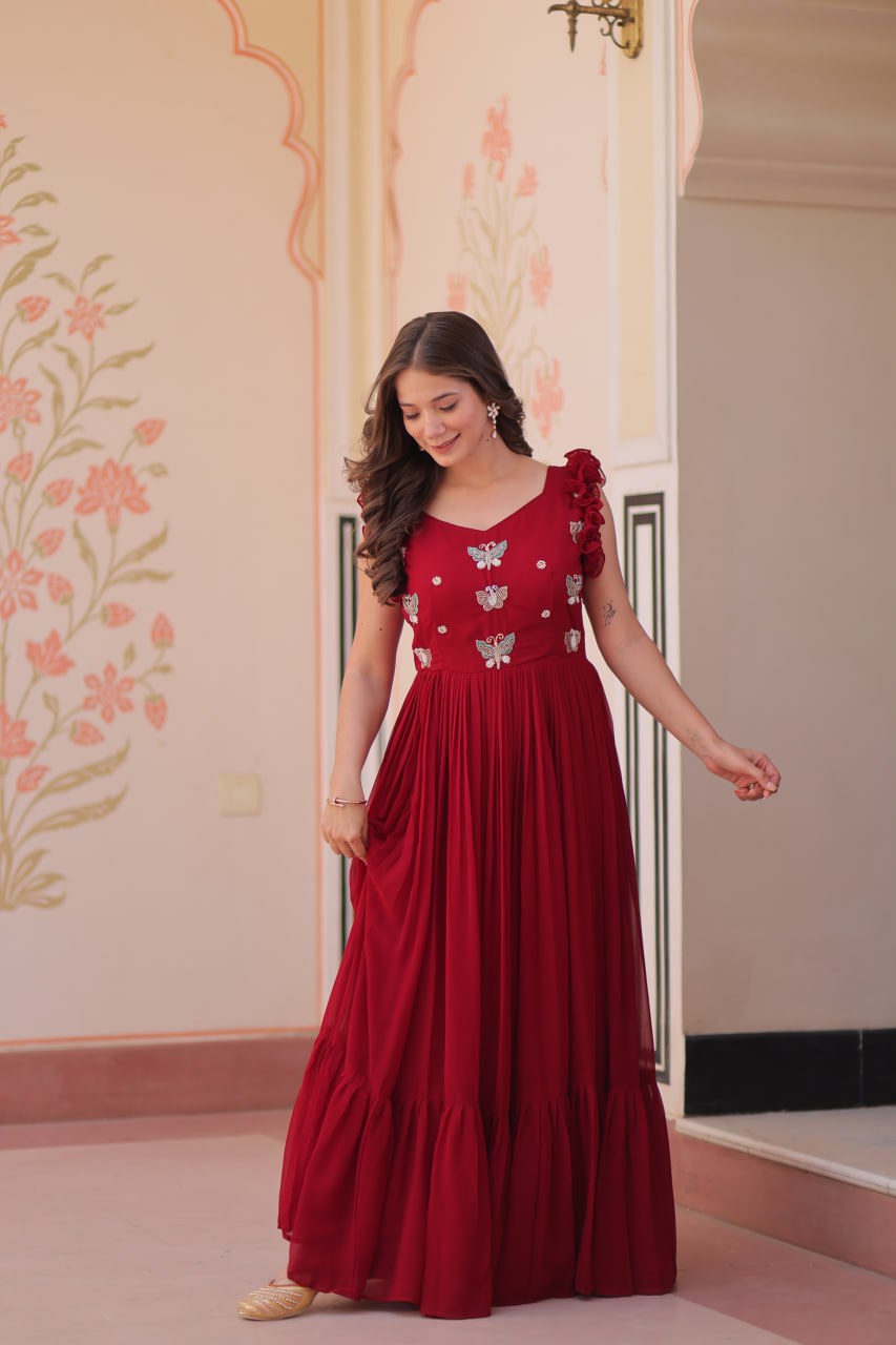 Astounding Red Multi Thread Embroidery Georgette Festive Wear Gown