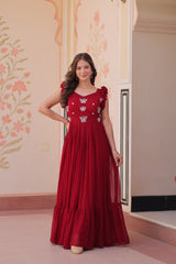Astounding Red Multi Thread Embroidery Georgette Festive Wear Gown