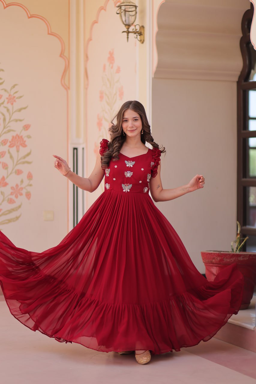 Astounding Red Multi Thread Embroidery Georgette Festive Wear Gown