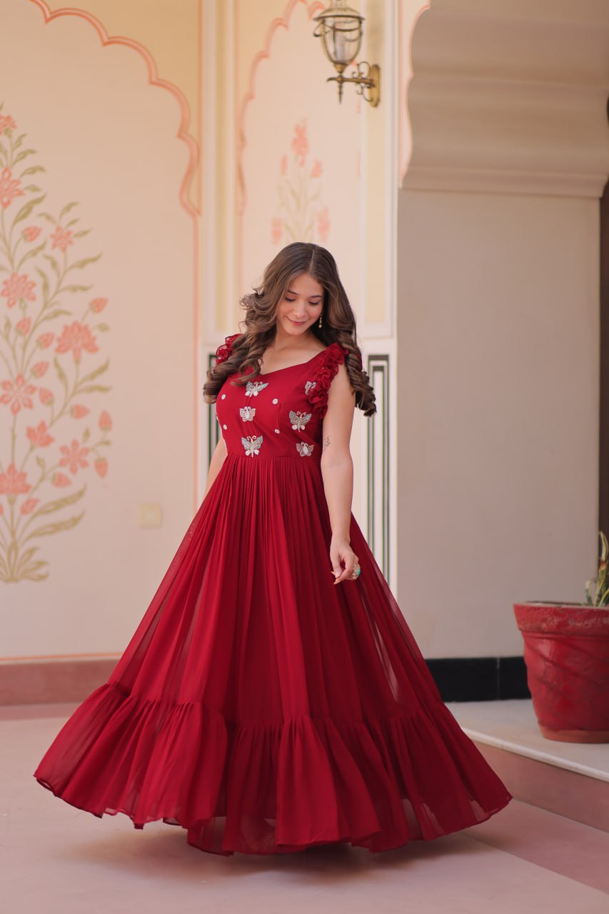Astounding Red Multi Thread Embroidery Georgette Festive Wear Gown