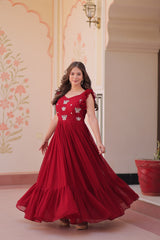 Astounding Red Multi Thread Embroidery Georgette Festive Wear Gown