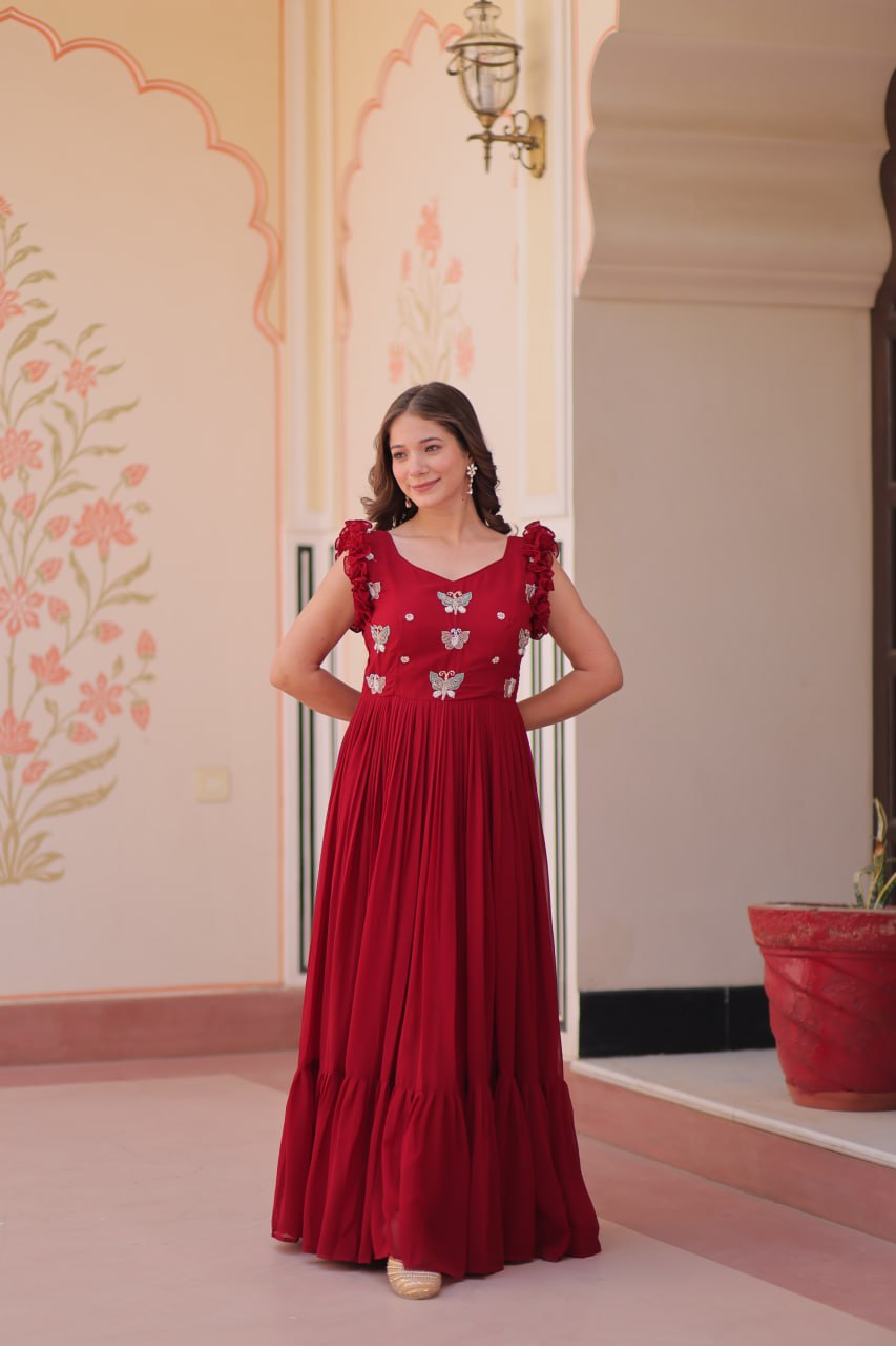 Astounding Red Multi Thread Embroidery Georgette Festive Wear Gown