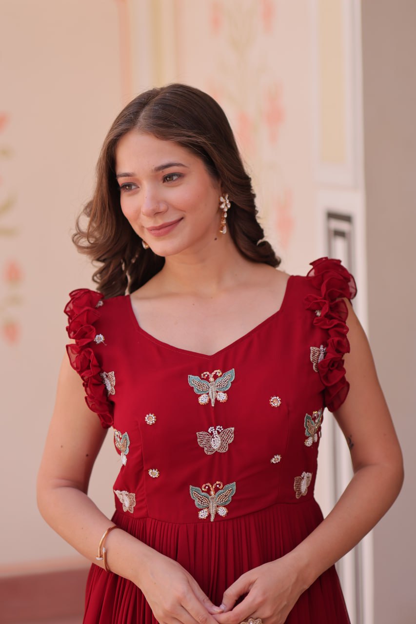 Astounding Red Multi Thread Embroidery Georgette Festive Wear Gown