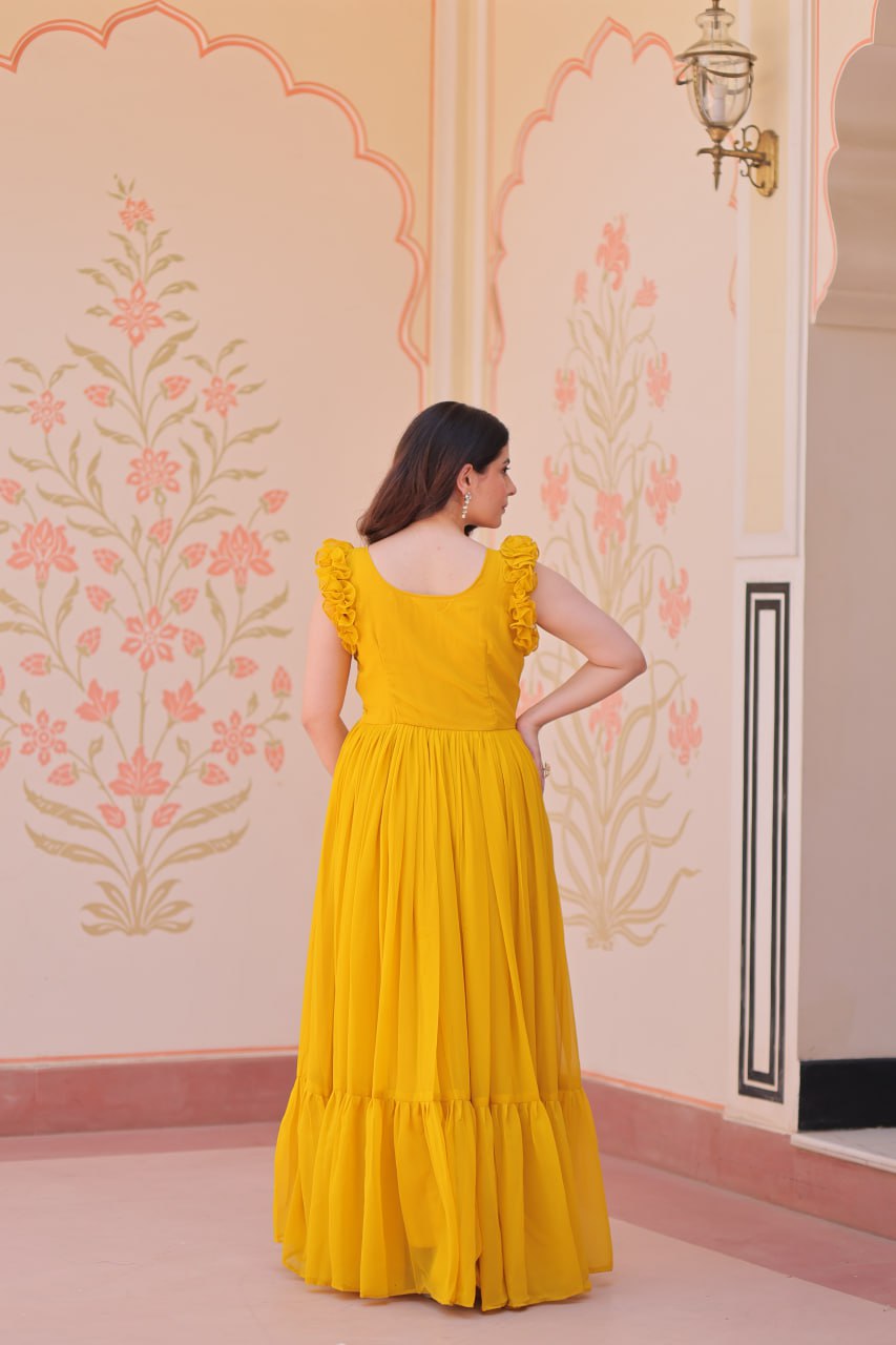 Mesmerizing Yellow Multi Thread Embroidery Georgette Haldi Wear Gown