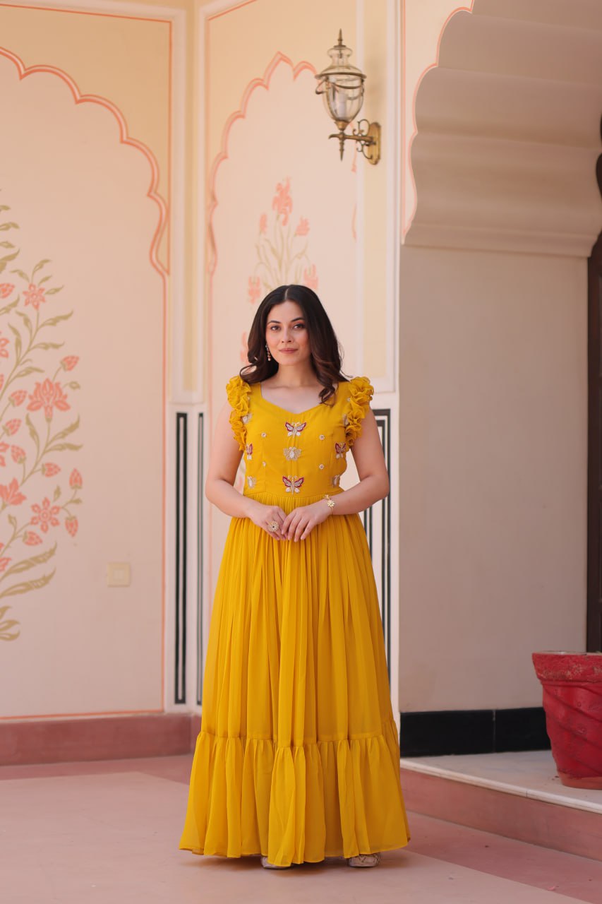 Mesmerizing Yellow Multi Thread Embroidery Georgette Haldi Wear Gown