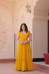 Mesmerizing Yellow Multi Thread Embroidery Georgette Haldi Wear Gown
