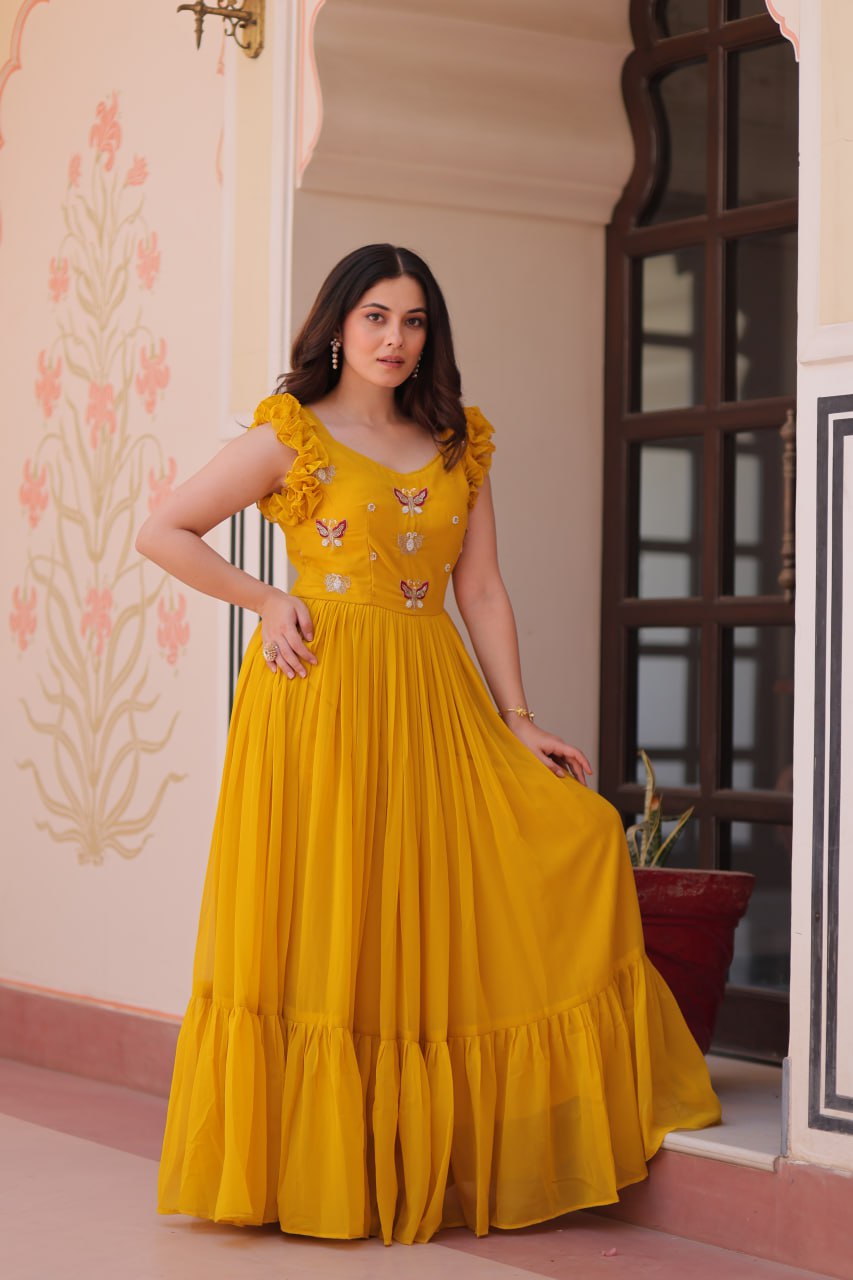 Mesmerizing Yellow Multi Thread Embroidery Georgette Haldi Wear Gown