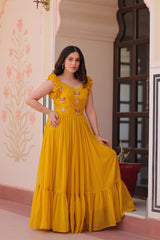 Mesmerizing Yellow Multi Thread Embroidery Georgette Haldi Wear Gown