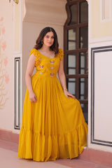 Mesmerizing Yellow Multi Thread Embroidery Georgette Haldi Wear Gown