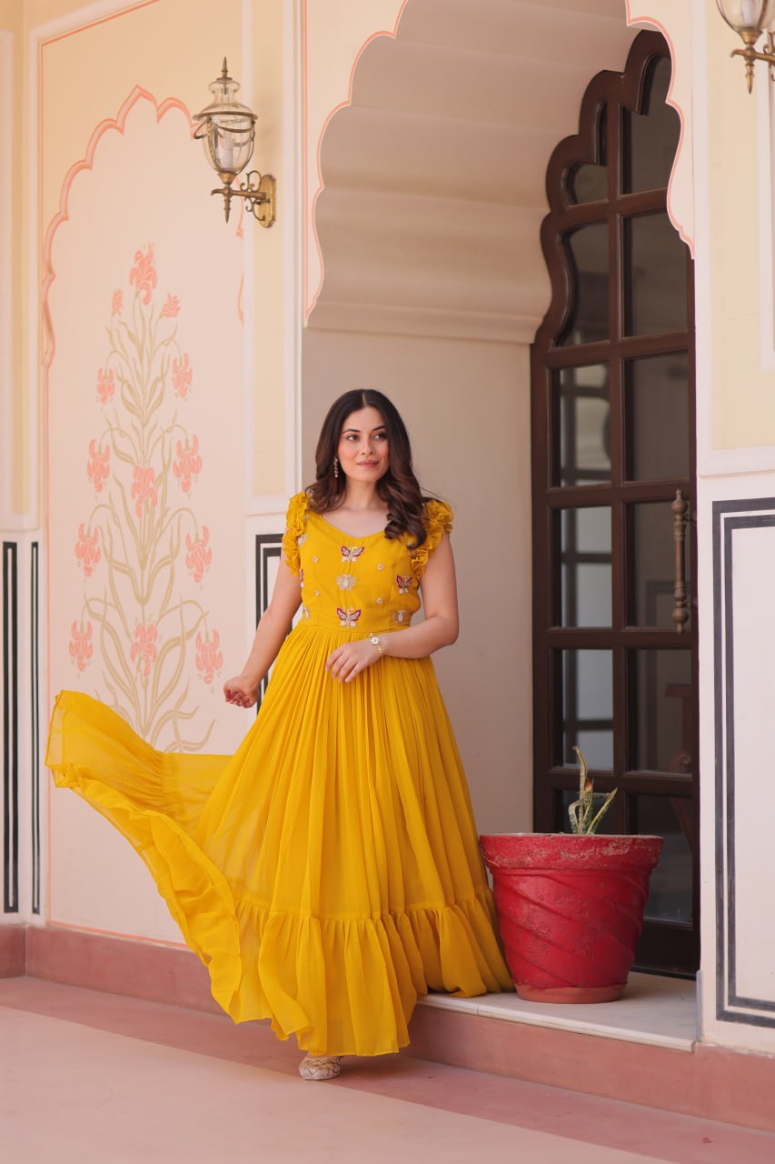 Mesmerizing Yellow Multi Thread Embroidery Georgette Haldi Wear Gown