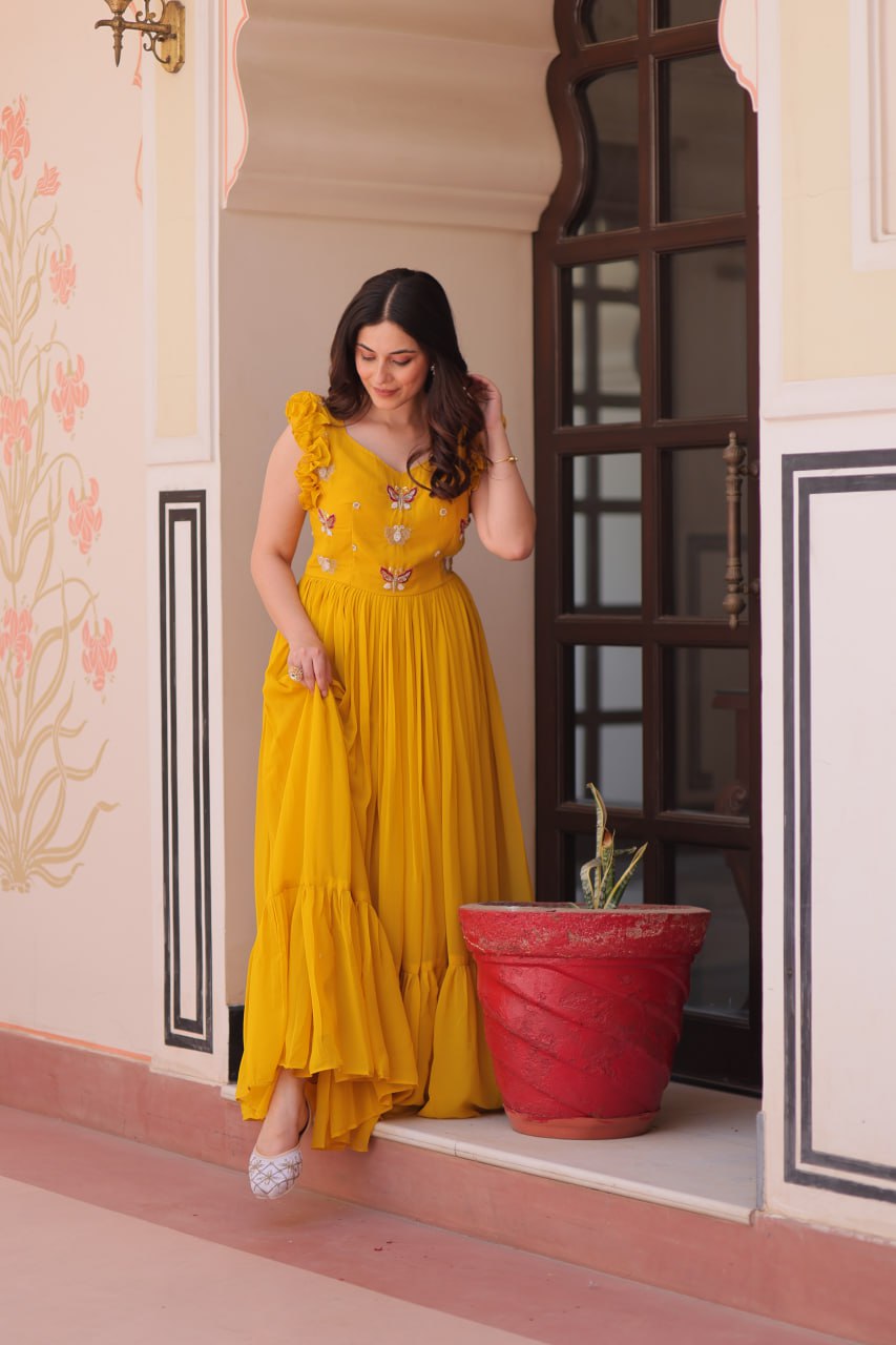 Mesmerizing Yellow Multi Thread Embroidery Georgette Haldi Wear Gown