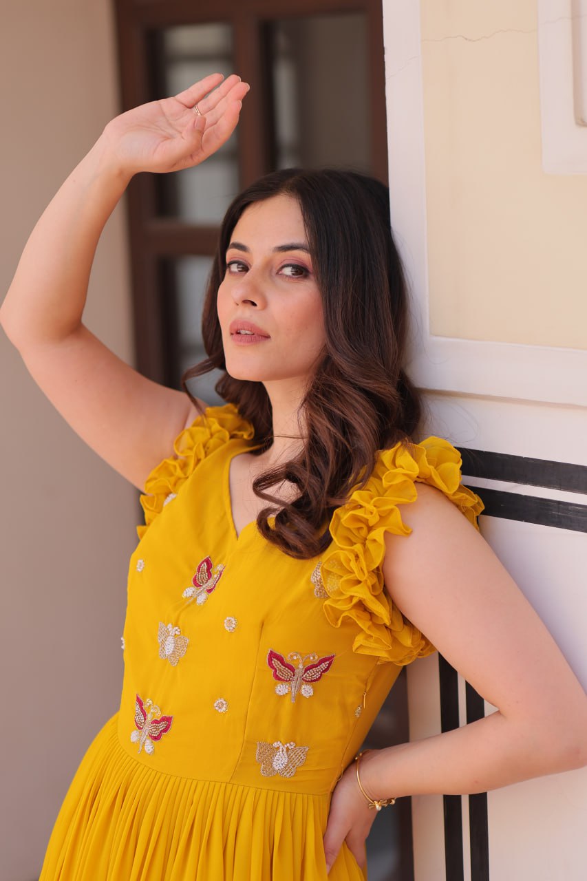Mesmerizing Yellow Multi Thread Embroidery Georgette Haldi Wear Gown