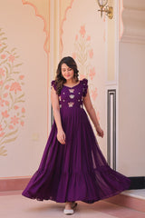 Dazzling Purple Multi Thread Embroidery Georgette Event Wear Gown