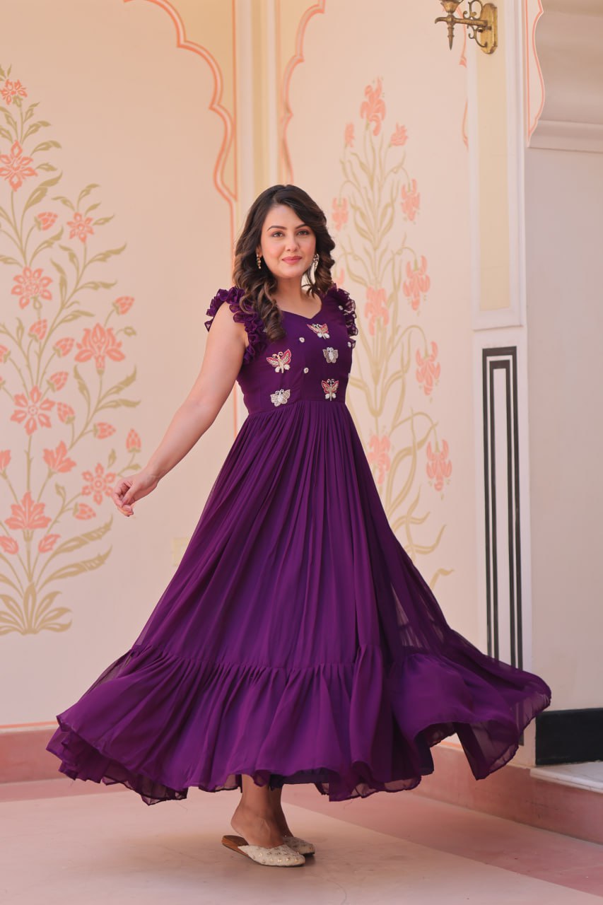 Dazzling Purple Multi Thread Embroidery Georgette Event Wear Gown