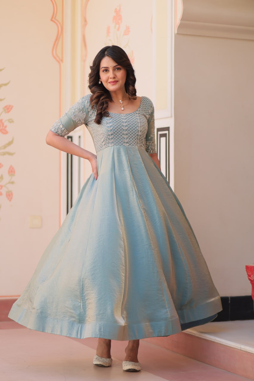 Embroidered Silk Readymade Gown – Festive & Party Wear Elegance