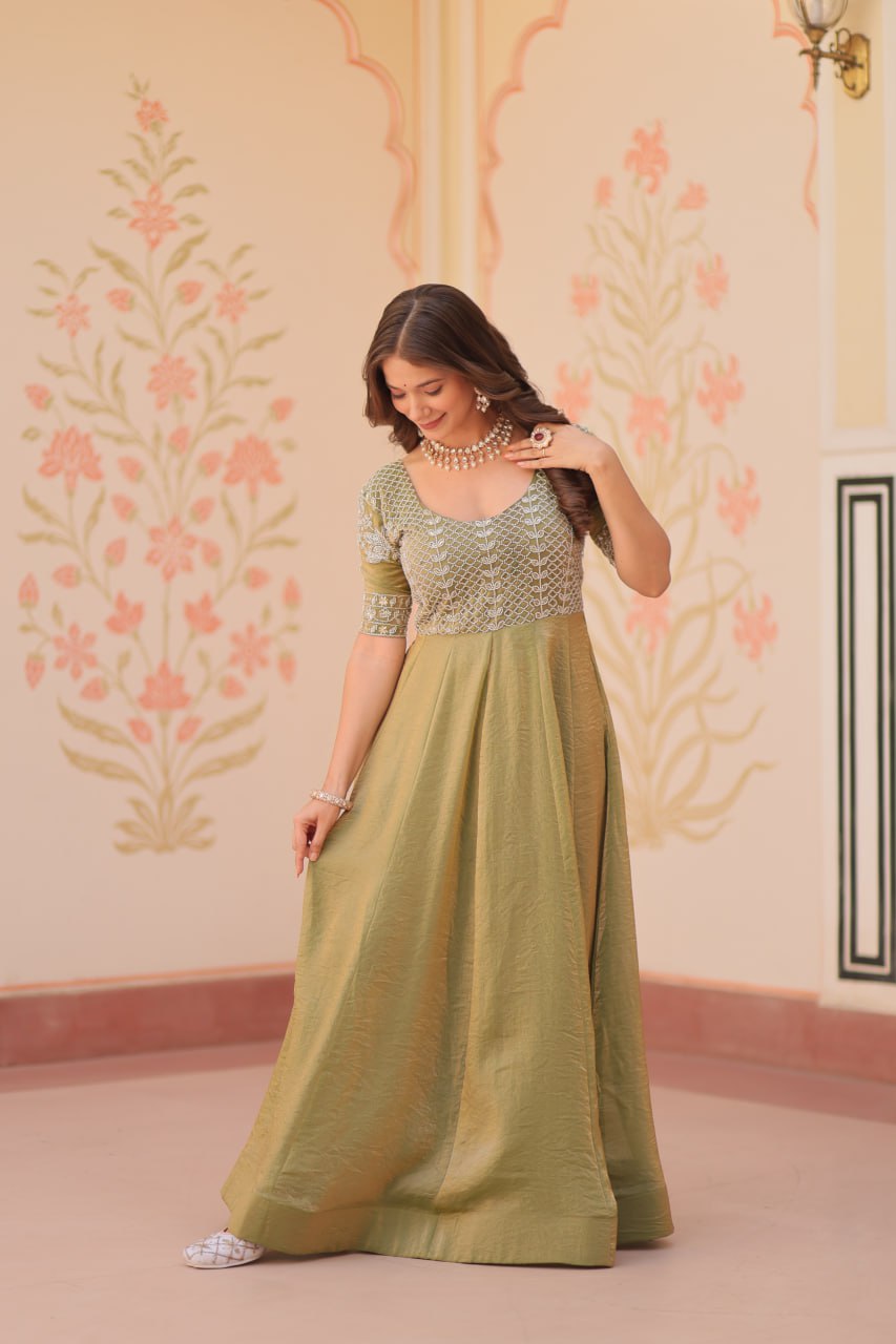 Embroidered Silk Readymade Gown – Festive & Party Wear Elegance