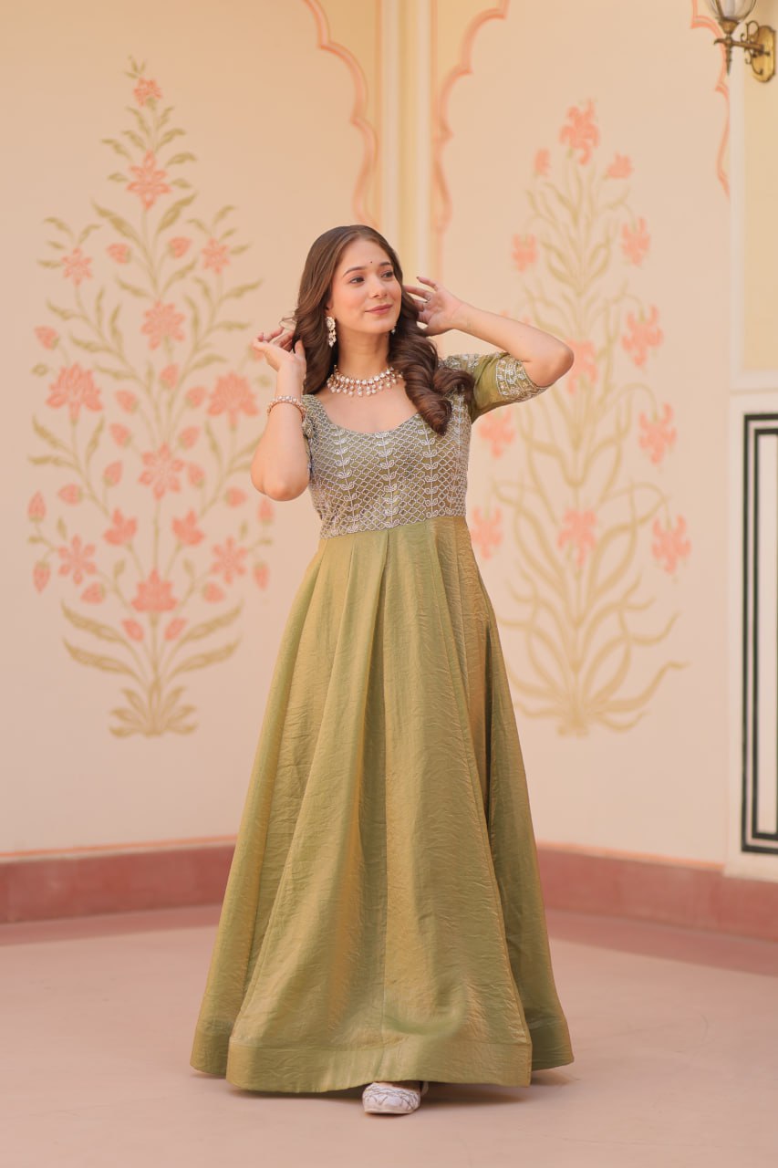 Embroidered Silk Readymade Gown – Festive & Party Wear Elegance