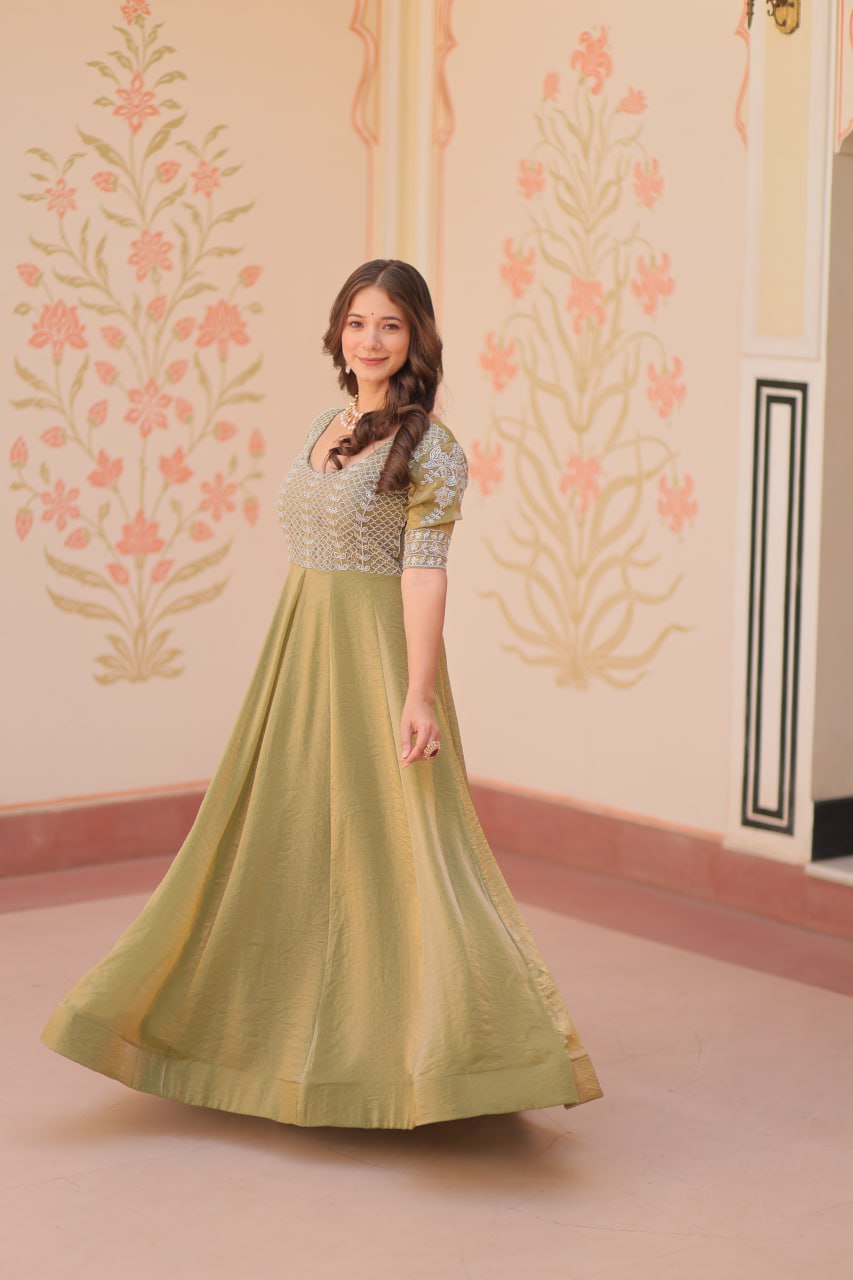 Embroidered Silk Readymade Gown – Festive & Party Wear Elegance
