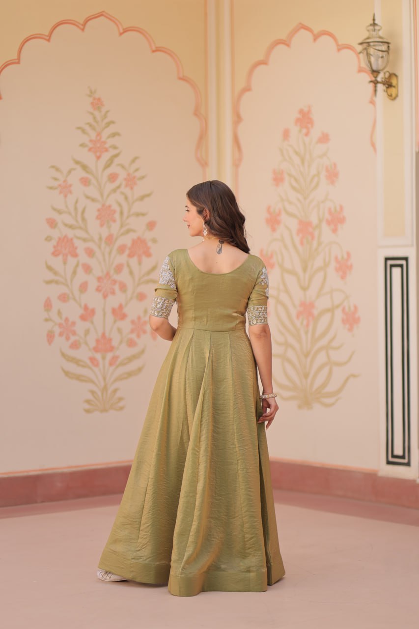 Embroidered Silk Readymade Gown – Festive & Party Wear Elegance