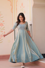 Embroidered Silk Readymade Gown – Festive & Party Wear Elegance