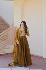 Classic Mehendi Green Embroidered Fendi Anarkali Gown With Dupatta