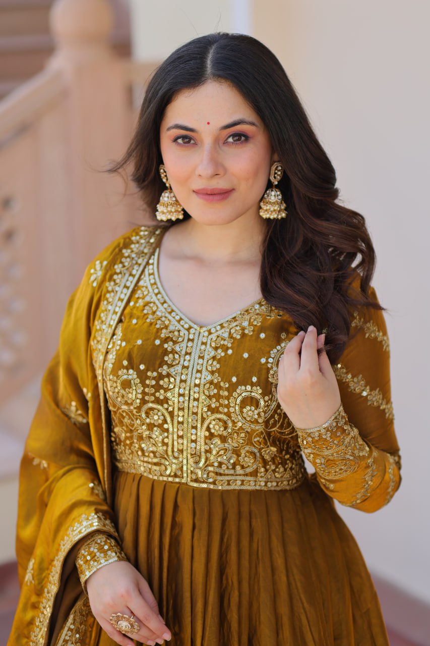 Classic Mehendi Green Embroidered Fendi Anarkali Gown With Dupatta