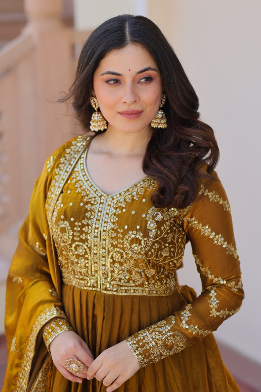 Classic Mehendi Green Embroidered Fendi Anarkali Gown With Dupatta